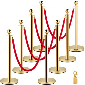 Crowd Control Stanchion, Set of 8 Pieces Stanchion Set, Stanchion Set with 5 ft/1.5 m Red Velvet Rope, Gold Crowd Control Barrier with Sturdy Concrete and Metal Base  Easy Connect Assembly