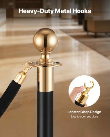 4 Pcs Black Velvet Stanchion Ropes, 5 ft Crowd Control Stanchion Black Velvet Ropes with Gold Hooks, Post Queue Barrier Carpet Rope for Carpet Events Movie Theaters Grand Openings Hotels Party