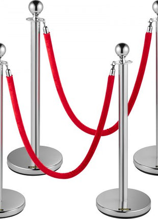 4PCS Stainless Steel Stanchion Posts Queue, Red Velvet Ropes Silver Post, 5FT Rope Barriers Queue Line Crowd Control Barriers for Party Supplies