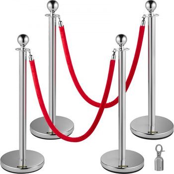 4PCS Stainless Steel Stanchion Posts Queue, Red Velvet Ropes Silver Post, 5FT Rope Barriers Queue Line Crowd Control Barriers for Party Supplies