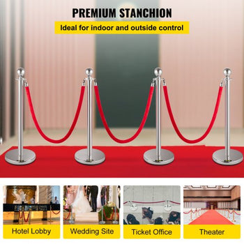Crowd Control Stanchion, Set of 4 Pieces Silver Stanchion Set, Stanchion Set with 5 ft/1.5 m Red Velvet Rope, Crowd Control Barrier