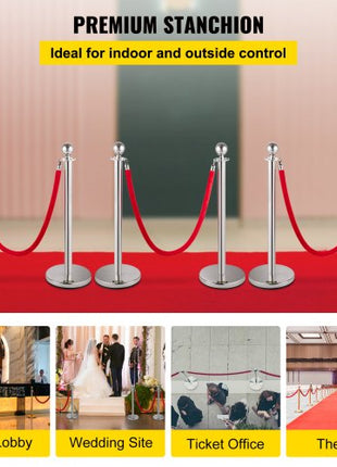 6 PCS Crowd Control Stanchion, Silver Stanchions Posts Stainless Steel Stanchion Queue Post Red Rope Retractable 38In for Both Indoor and Outdoor use.