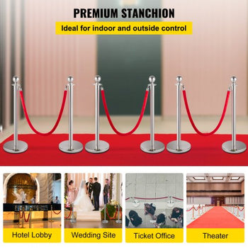 6 PCS Crowd Control Stanchion, Silver Stanchions Posts Stainless Steel Stanchion Queue Post Red Rope Retractable 38In for Both Indoor and Outdoor use.