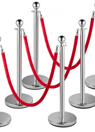 6 PCS Crowd Control Stanchion, Silver Stanchions Posts Stainless Steel Stanchion Queue Post Red Rope Retractable 38In for Both Indoor and Outdoor use.