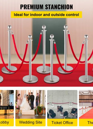 Crowd Control Stanchion, Set of 8 Pieces Silver Stanchion Set, Stanchion Set with 5 ft/1.5 m Red Velvet Rope, Crowd Control Barrier with Sturdy Concrete and Metal Base