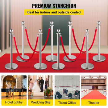 Crowd Control Stanchion, Set of 8 Pieces Silver Stanchion Set, Stanchion Set with 5 ft/1.5 m Red Velvet Rope, Crowd Control Barrier with Sturdy Concrete and Metal Base