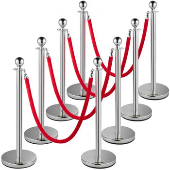 Crowd Control Stanchion, Set of 8 Pieces Silver Stanchion Set, Stanchion Set with 5 ft/1.5 m Red Velvet Rope, Crowd Control Barrier with Sturdy Concrete and Metal Base