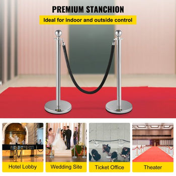 Crowd Control Stanchion, Set of 2 Pieces Stanchion, Stanchion Set with 5 ft/1.5 m Black Velvet Rope, Silver Crowd Control Barrier with Sturdy Concrete and Metal Base  Easy Connect Assembly