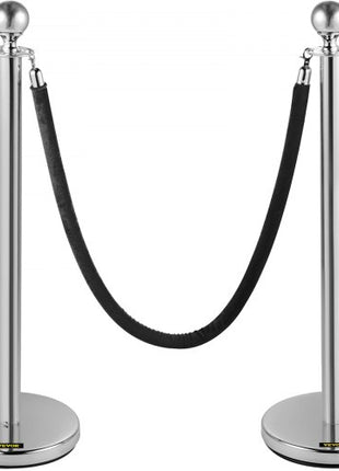 Crowd Control Stanchion, Set of 2 Pieces Stanchion, Stanchion Set with 5 ft/1.5 m Black Velvet Rope, Silver Crowd Control Barrier with Sturdy Concrete and Metal Base  Easy Connect Assembly