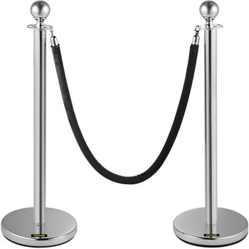 Crowd Control Stanchion, Set of 2 Pieces Stanchion, Stanchion Set with 5 ft/1.5 m Black Velvet Rope, Silver Crowd Control Barrier with Sturdy Concrete and Metal Base  Easy Connect Assembly
