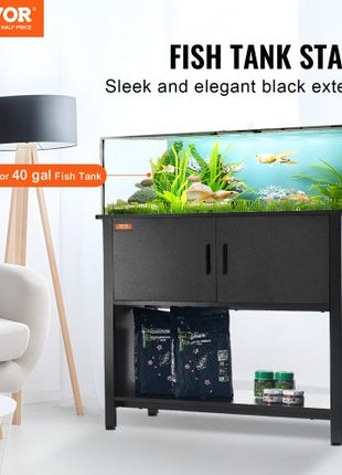 Aquarium Stand, 40 Gallon Fish Tank Stand, 36.6 x 18.9 x 31.5 in Steel and MDF Turtle Tank Stand, 335 lbs Load Capacity, Reptile Tank Stand with Storage Cabinet and Embedded Power Panel, Black