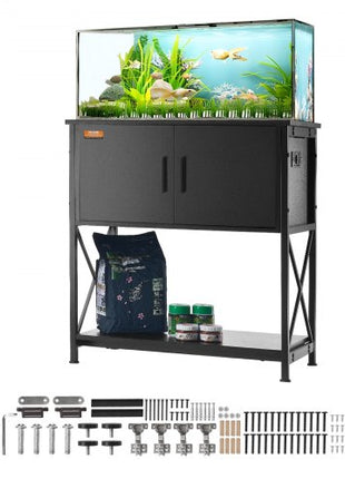 Aquarium Stand, 29 Gallon Fish Tank Stand, 28.7 x 16.5 x 30 in Steel and MDF Turtle Tank Stand, 242.5 lbs Load Capacity, Reptile Tank Stand with Storage Cabinet and Embedded Power Panel, Black