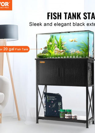 Aquarium Stand, 20 Gallon Fish Tank Stand, 25.6 x 16.5 x 31.9 in Steel and MDF Turtle Tank Stand, 167.6 lbs Load Capacity, Reptile Tank Stand with Storage Cabinet and Embedded Power Panel, Black