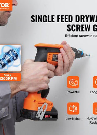 Drywall Screw Gun, 20V Max Drywall Screwgun, 4200RPM Brushless Cordless Drywall Gun Kit with 2 Battery Packs, Charger, Belt Clip, and Tool Bag, Forward and Reverse Adjustable, Built-in LED Light