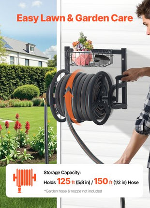 Wall Mounted Garden Hose Reel, Holds 125 ft 5/8-inch Hose, Heavy-Duty Water Hose Winder, Space-Saving Design, Outdoor Manual Reel with Brass Fitting and Storage Basket for Yard Lawn