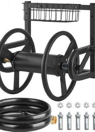 Wall Mounted Garden Hose Reel, Holds 125 ft 5/8-inch Hose, Heavy-Duty Water Hose Winder, Space-Saving Design, Outdoor Manual Reel with Brass Fitting and Storage Basket for Yard Lawn