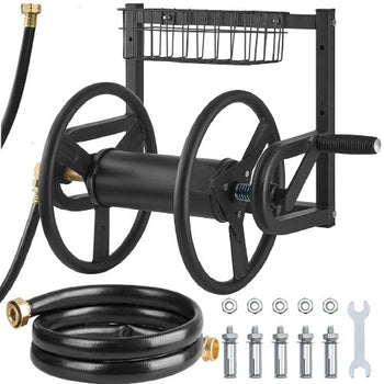 Wall Mounted Garden Hose Reel, Holds 125 ft 5/8-inch Hose, Heavy-Duty Water Hose Winder, Space-Saving Design, Outdoor Manual Reel with Brass Fitting and Storage Basket for Yard Lawn