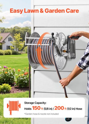 Wall Mounted Garden Hose Reel, Holds 150 ft 5/8-inch Water Hose Winder, Heavy-Duty Stainless Steel, Outdoor Manual Reel with Brass Fitting & Hose Guide, Space Saving, for Yard Lawn Garage