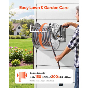 Wall Mounted Garden Hose Reel, Holds 150 ft 5/8-inch Water Hose Winder, Heavy-Duty Stainless Steel, Outdoor Manual Reel with Brass Fitting & Hose Guide, Space Saving, for Yard Lawn Garage