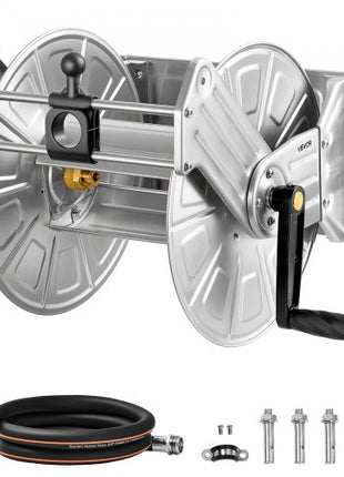 Wall Mounted Garden Hose Reel, Holds 150 ft 5/8-inch Water Hose Winder, Heavy-Duty Stainless Steel, Outdoor Manual Reel with Brass Fitting & Hose Guide, Space Saving, for Yard Lawn Garage