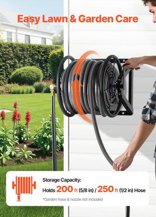 Wall Mounted Garden Hose Reel, Holds 200 ft 5/8-inch Manual Water Hose Winder, Heavy-Duty Steel, Outdoor Reel with Brass Fitting & 5ft Leader Hose, Space Saving, for Yard Lawn Garage