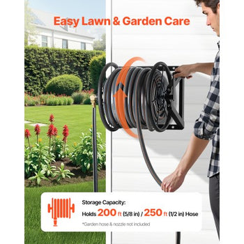 Wall Mounted Garden Hose Reel, Holds 200 ft 5/8-inch Manual Water Hose Winder, Heavy-Duty Steel, Outdoor Reel with Brass Fitting & 5ft Leader Hose, Space Saving, for Yard Lawn Garage
