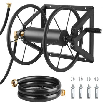 Wall Mounted Garden Hose Reel, Holds 200 ft 5/8-inch Manual Water Hose Winder, Heavy-Duty Steel, Outdoor Reel with Brass Fitting & 5ft Leader Hose, Space Saving, for Yard Lawn Garage