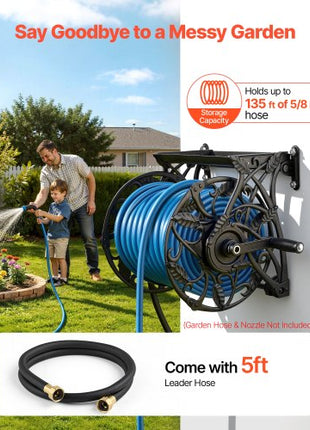 Wall Mounted Garden Hose Reel, Holds 135 Feet of 5/8-inch Hose, Outdoor Heavy-Duty Waterhose Holder Winder, with Widened Top Tray, Aluminum Alloy Connector, Decorative Pattern, for Backyards