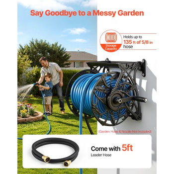 Wall Mounted Garden Hose Reel, Holds 135 Feet of 5/8-inch Hose, Outdoor Heavy-Duty Waterhose Holder Winder, with Widened Top Tray, Aluminum Alloy Connector, Decorative Pattern, for Backyards