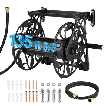Wall Mounted Garden Hose Reel, Holds 135 Feet of 5/8-inch Hose, Outdoor Heavy-Duty Waterhose Holder Winder, with Widened Top Tray, Aluminum Alloy Connector, Decorative Pattern, for Backyards