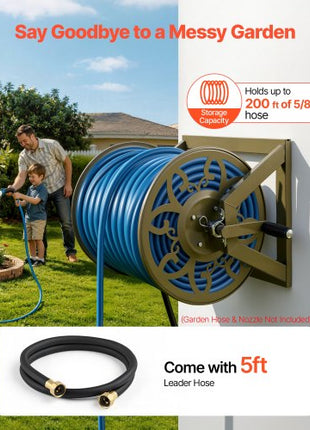 Wall Mounted Garden Hose Reel, Holds 200 Feet of 5/8-inch Hose, Outdoor Heavy-Duty Waterhose Holder Winder, with Brass Connector, Decorative Pattern, Bronze Finish, for Backyards and Gardens