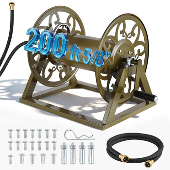 Wall Mounted Garden Hose Reel, Holds 200 Feet of 5/8-inch Hose, Outdoor Heavy-Duty Waterhose Holder Winder, with Brass Connector, Decorative Pattern, Bronze Finish, for Backyards and Gardens