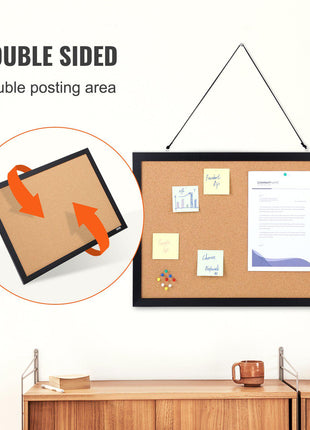 Double-sided cork bulletin board with black frame, ideal for notes and documents, stylish for home or office decor.
