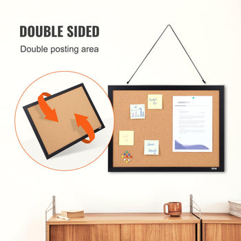 Double-sided cork bulletin board with black frame, ideal for notes and documents, stylish for home or office decor.