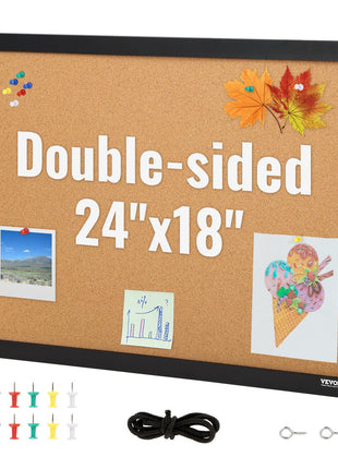 Double-sided cork board, 24"x18", black frame, includes colorful push pins and hanging accessories, ideal for home or office.