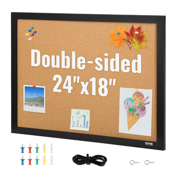 Double-sided cork board, 24"x18", black frame, includes colorful push pins and hanging accessories, ideal for home or office.