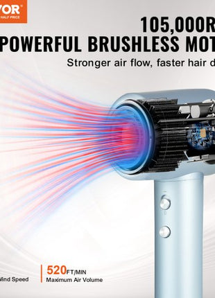 High-Speed Hair Dryer with 105,000RPM Brushless Motor, 200 Million Negative Ions Hair Blow Dryer, 4 Temps & 3 Speeds, LCD Display Thermo-Control Hairdryer with Diffuser & Nozzle for Home Travel