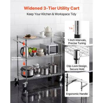 Kitchen Utility Cart, 3 Tier Heavy Duty Adjustable Wire Storage Rack, Commercial Steel Rolling Service Trolley on Wheels, Work Table with Handle Bar, for Garage and Laundry Room, 35x17.8x40.9 in