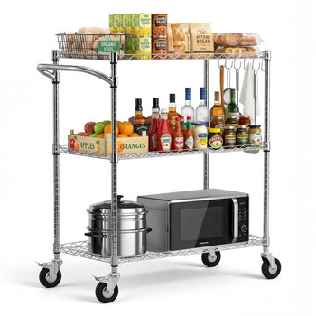 Kitchen Utility Cart, 3 Tier Heavy Duty Adjustable Wire Storage Rack, Commercial Steel Rolling Service Trolley on Wheels, Work Table with Handle Bar, for Garage and Laundry Room, 35x17.8x40.9 in