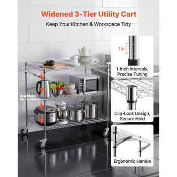 Kitchen Utility Cart, 3 Tier Heavy Duty Adjustable Wire Storage Rack, Commercial Steel Rolling Service Trolley on Wheels, Work Table with Handle Bar, for Garage and Laundry Room, 40x25x40.9 in