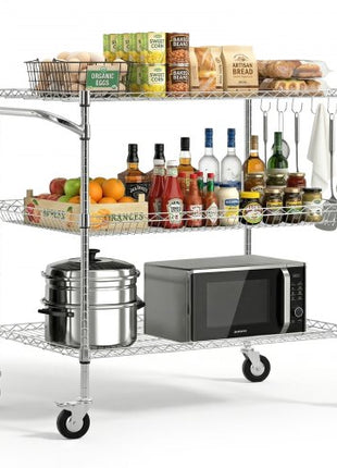 Kitchen Utility Cart, 3 Tier Heavy Duty Adjustable Wire Storage Rack, Commercial Steel Rolling Service Trolley on Wheels, Work Table with Handle Bar, for Garage and Laundry Room, 40x25x40.9 in