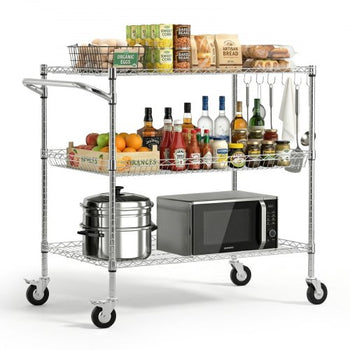 Kitchen Utility Cart, 3 Tier Heavy Duty Adjustable Wire Storage Rack, Commercial Steel Rolling Service Trolley on Wheels, Work Table with Handle Bar, for Garage and Laundry Room, 40x25x40.9 in