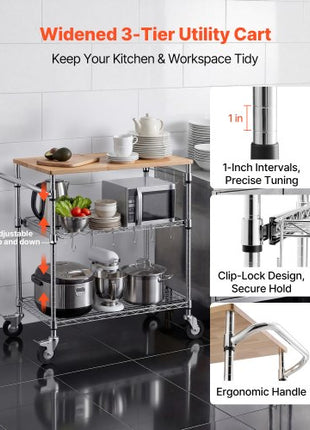 Kitchen Utility Cart, 3 Tier Heavy Duty Adjustable Wire Storage Rack with Wood Tabletop and Handle Bar, Rolling Portable Service Trolley on Wheels, 661 lbs Steel Work Table, 30x18x36 in