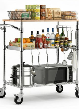 Kitchen Utility Cart, 3 Tier Heavy Duty Adjustable Wire Storage Rack with Wood Tabletop and Handle Bar, Rolling Portable Service Trolley on Wheels, 661 lbs Steel Work Table, 30x18x36 in