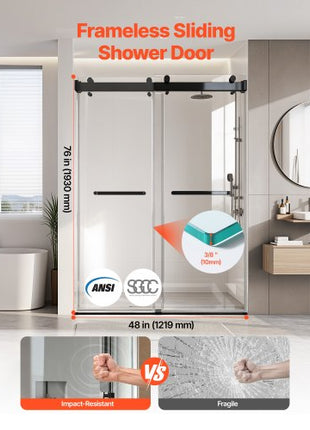 Frameless Shower Door, 48" W x 76" H, Shower Sliding Glass Door with 3/8" (10 mm) Thick Clear Tempered Glass, Noiseless Shatterproof Nano Coating, with Rail, Seal Strip and Hardware Kit
