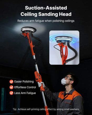 Drywall Sander, 950W Electric Drywall Sander, Popcorn Ceiling Removal Tool with 7 Variable Speed 1000-2300 RPM, Double-Deck LED Light, Foldable & Extendable Handle, 15 Sanding Discs, Dust Hose