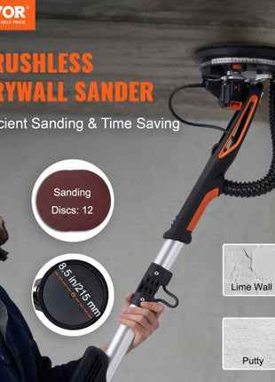 Drywall Sander, 800W Brushless Motor Electric Sander, Variable Speed 1000-2300 RPM Wall Sander, Foldable Ceiling Sander with Double-Deck LED Lights, Extendable Handle, 12 Sanding Discs