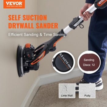 Wall Smoother, 900W Power Tool, Includes 12 Sanding Pads, Adjustable Speeds from 800-1800 RPM, 3 Vacuum Tubes, Collapsible Design for Ceilings, Dual LED, Telescopic Grip & Dust Collector