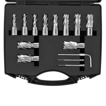 Annular Cutter Set, 13 pcs Weldon Shank Mag Drill Bits, 7/16" to 1-1/16" Cutting Diameter, 1" Cutting Depth, M2AL HSS, 2 Pilot Pins, Hex Wrench and Portable Case, for Using with Magnetic Drills