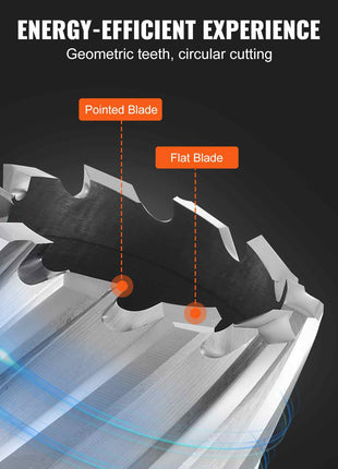 Aluminum circular saw blade with pointed and flat geometric teeth, designed for energy-efficient cutting.